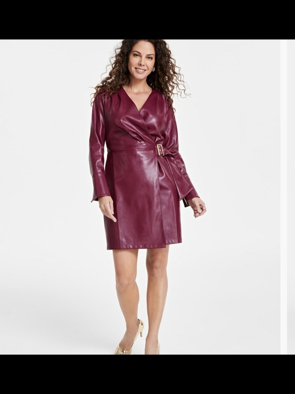 INC International Concepts Faux Leather Wrap Dress in Burgundy